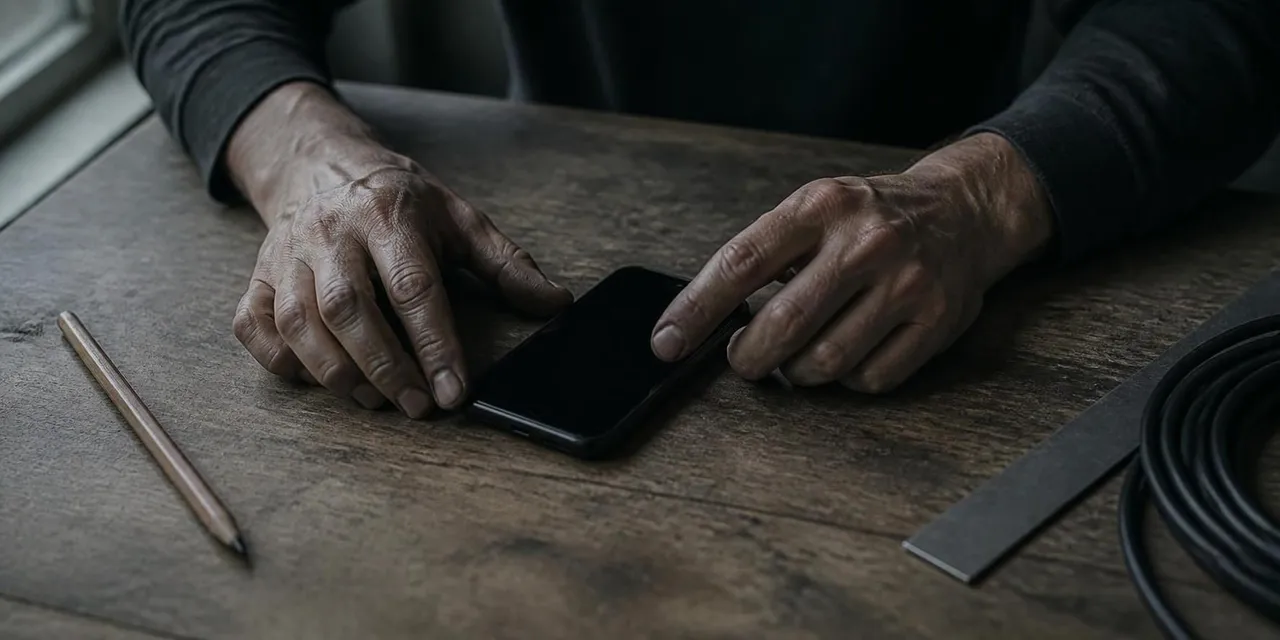 A pair of working hands either side of a phone on a scuffed workbench.
