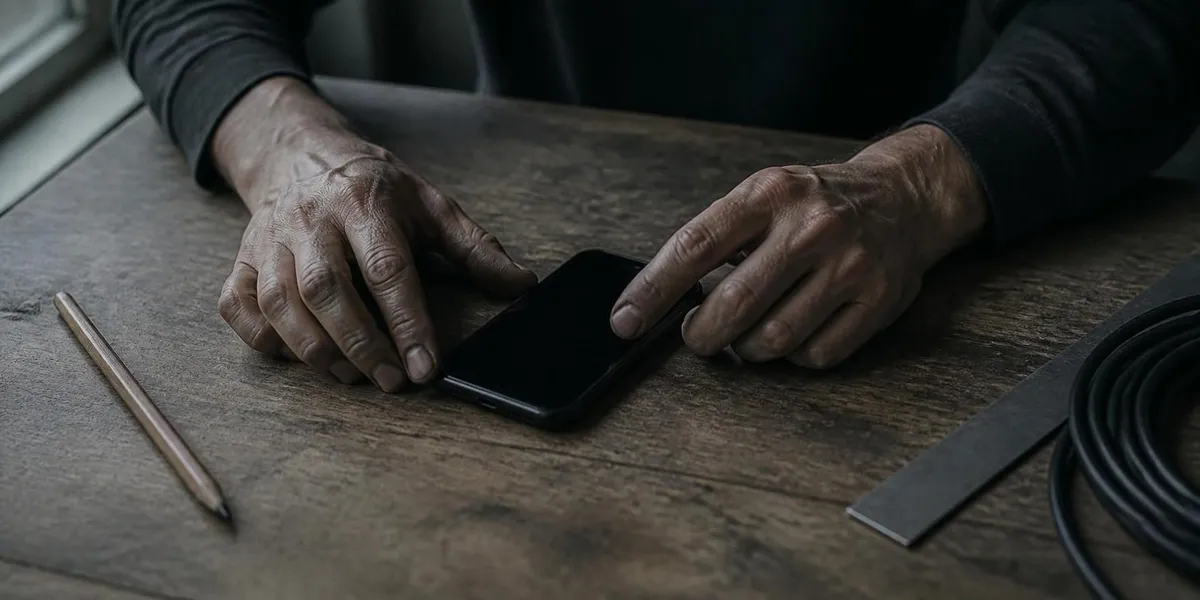 A pair of working hands either side of a phone on a scuffed workbench.