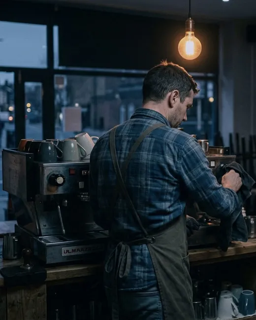 En caféägare torkar av espressomaskinen vid stängning med stolarna uppställda på borden.